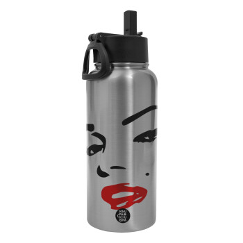 Marilyn Monroe, Metal mug thermo Silver with Straw and Spout Lid (Stainless steel), double wall, 950ml