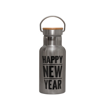 Happy new year, Stainless steel metallic thermos flask, silver with a bamboo lid, double-walled, 350ml.