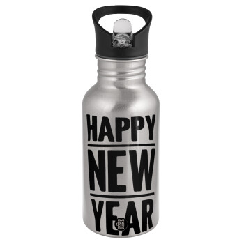 Happy new year, Water bottle Silver with straw, stainless steel 500ml