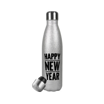 Happy new year, Metallic Glitter Silver Thermos Flask (Stainless steel), double-walled, 500ml