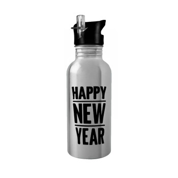 Happy new year, Water bottle Silver with straw, stainless steel 600ml