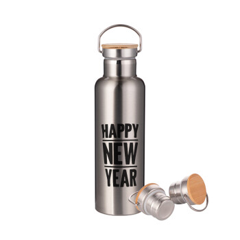 Happy new year, Μεταλλικό παγούρι θερμός (Stainless steel) Ασημένιο με ξύλινο καπακι (bamboo), διπλού τοιχώματος, 750ml