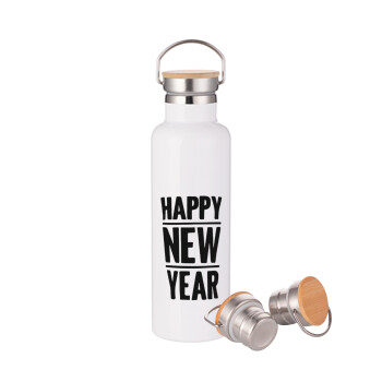 Happy new year, Μεταλλικό παγούρι θερμός (Stainless steel) Λευκό με ξύλινο καπακι (bamboo), διπλού τοιχώματος, 750ml