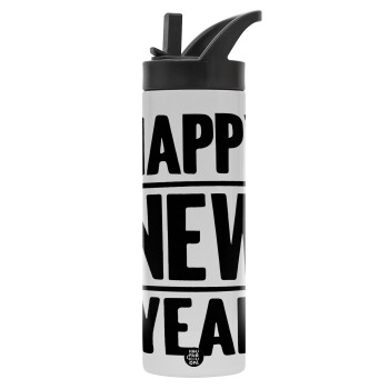 Happy new year, Metallic thermos bottle with straw & handle, stainless steel (Stainless steel 304), double-walled, 600ml.