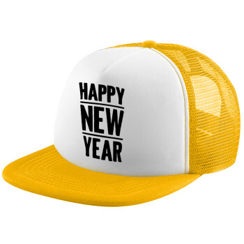 Happy new year, Adult Soft Trucker Hat with Yellow/White Mesh (POLYESTER, ADULT, UNISEX, ONE SIZE)