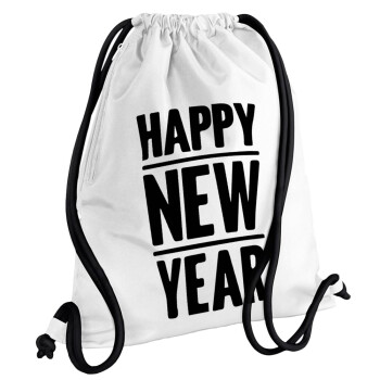 Happy new year, Backpack pouch GYMBAG white, with pocket (40x48cm) & thick cords