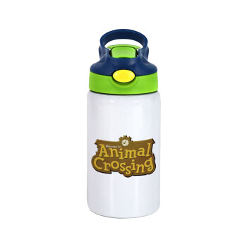 Animal Crossing, Children's hot water bottle, stainless steel, with safety straw, green, blue (350ml)