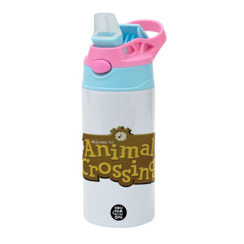 Animal Crossing, Children's hot water bottle, stainless steel, with safety straw, Pink/BlueCiel (360ml) BPA FREE