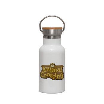 Animal Crossing, Metallic thermos (Stainless steel) White with wooden lid (bamboo), double-walled, 350ml