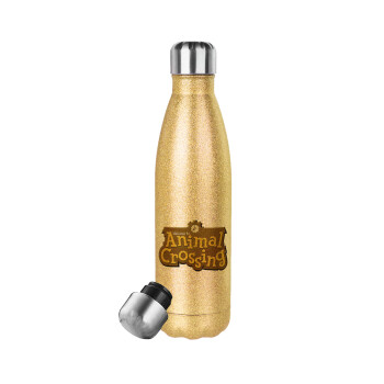 Animal Crossing, Glitter gold stainless steel thermos bottle, double-walled, 500ml