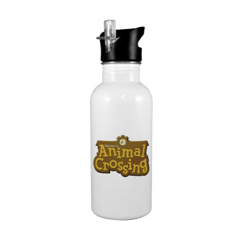 Animal Crossing, White water bottle with straw, stainless steel 600ml