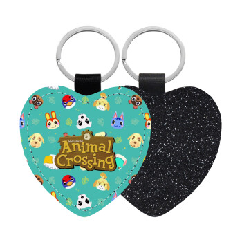 Animal Crossing, Μπρελόκ PU δερμάτινο glitter καρδιά ΜΑΥΡΟ