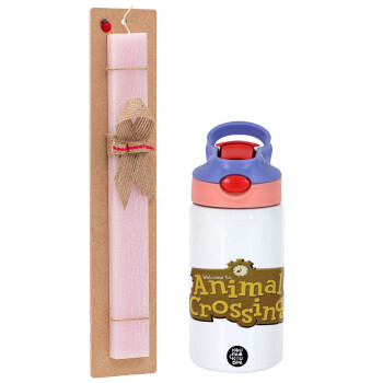 Animal Crossing, Πασχαλινό Σετ, Παιδικό παγούρι θερμό, ανοξείδωτο, με καλαμάκι ασφαλείας, ροζ/μωβ (350ml) & πασχαλινή λαμπάδα αρωματική πλακέ (30cm) (ΡΟΖ)