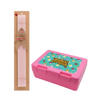 Animal Crossing, Easter Set, children's snack container PINK & scented flat Easter candle (30cm) (PINK)