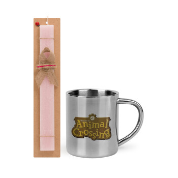 Animal Crossing, Easter Set, metallic thermal cup (300ml) & aromatic flat Easter candle (30cm) (PINK)