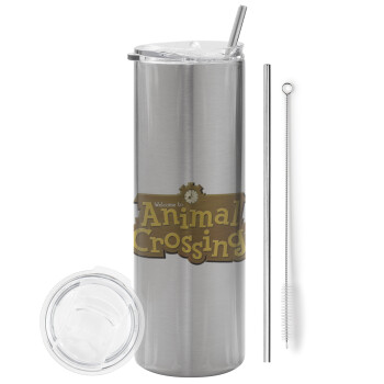 Animal Crossing, Eco friendly stainless steel Silver tumbler 600ml, with metal straw & cleaning brush