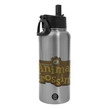 Animal Crossing, Metal mug thermo Silver with Straw and Spout Lid (Stainless steel), double wall, 950ml