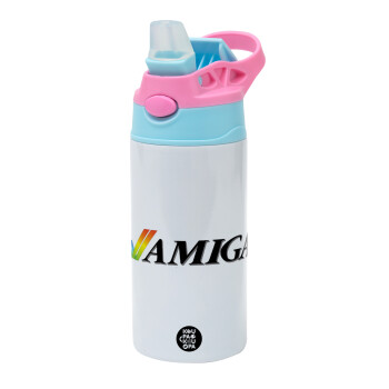 amiga, Children's hot water bottle, stainless steel, with safety straw, Pink/BlueCiel (360ml) BPA FREE