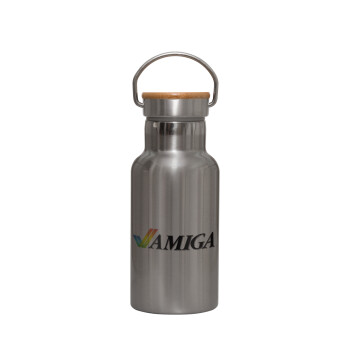 amiga, Stainless steel metallic thermos flask, silver with a bamboo lid, double-walled, 350ml.