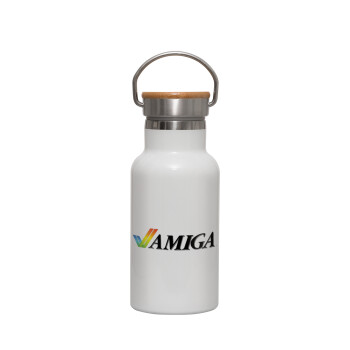 amiga, Metallic thermos (Stainless steel) White with wooden lid (bamboo), double-walled, 350ml