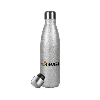 amiga, Μεταλλικό παγούρι θερμός Glitter Aσημένιο (Stainless steel), διπλού τοιχώματος, 500ml