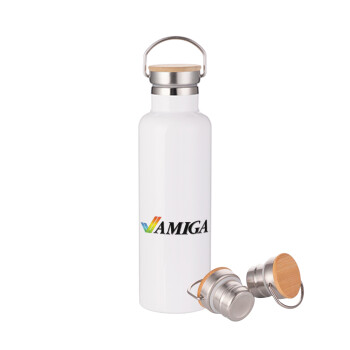 amiga, Stainless steel White with wooden lid (bamboo), double wall, 750ml