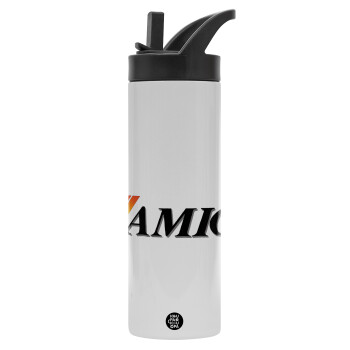 amiga, Metallic thermos bottle with straw & handle, stainless steel (Stainless steel 304), double-walled, 600ml.