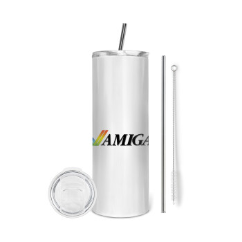 amiga, Tumbler ποτήρι θερμό από ανοξείδωτο ατσάλι 600ml, με μεταλλικό καλαμάκι & βούρτσα καθαρισμού