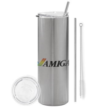 amiga, Eco friendly stainless steel Silver tumbler 600ml, with metal straw & cleaning brush