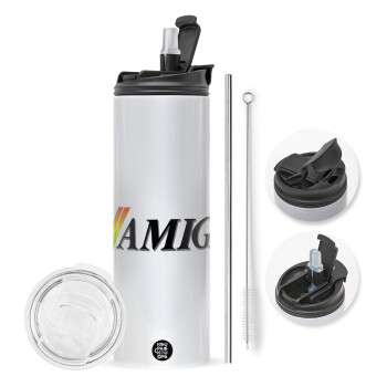 amiga, Travel Tumbler θερμό με διπλό καπάκι, μεταλλικό καλαμάκι και βούρτσα καθαρισμού (Ανωξείδωτο 304 Food grade, BPA free, 600ml)