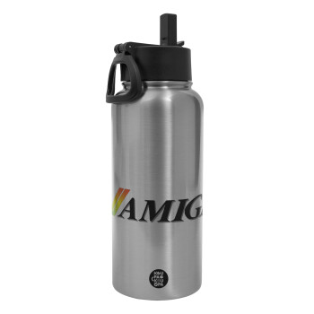 amiga, Metal mug thermo Silver with Straw and Spout Lid (Stainless steel), double wall, 950ml