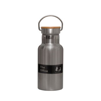 The office, Stainless steel metallic thermos flask, silver with a bamboo lid, double-walled, 350ml.