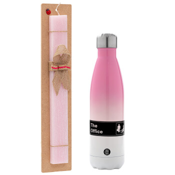 The office, Easter Set, Metallic pink/white (Stainless steel) thermos, double-walled, 500ml & aromatic flat Easter candle (30cm) (PINK)