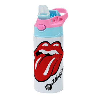 The rolling stones, Children's hot water bottle, stainless steel, with safety straw, Pink/BlueCiel (360ml) BPA FREE