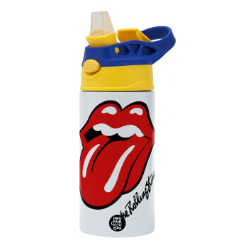 The rolling stones, Children's hot water bottle, stainless steel, with safety straw, green, blue (360ml) BPA FREE