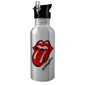 The rolling stones, Water bottle Silver with straw, stainless steel 600ml