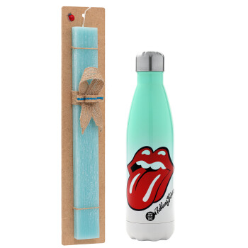 The rolling stones, Easter Set, Metallic green/white thermos (Stainless steel), double-walled, 500ml & scented flat Easter candle (30cm) (TURQUOISE)