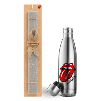 The rolling stones, Easter Set, metallic stainless thermos flask (500ml) & scented flat Easter candle (30cm) (GRAY)