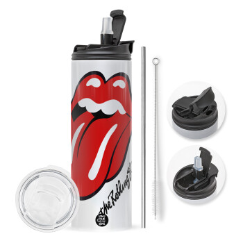 The rolling stones, Travel Tumbler θερμό με διπλό καπάκι, μεταλλικό καλαμάκι και βούρτσα καθαρισμού (Ανωξείδωτο 304 Food grade, BPA free, 600ml)