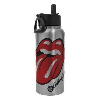 The rolling stones, Metal mug thermo Silver with Straw and Spout Lid (Stainless steel), double wall, 950ml