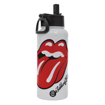 The rolling stones, Metal mug thermo White with Straw and Spout Lid (Stainless steel), double wall, 950ml