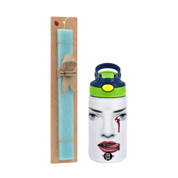 True blood, Easter Set, Children's thermal stainless steel bottle with safety straw, green/blue (350ml) & aromatic flat Easter candle (30cm) (TURQUOISE)