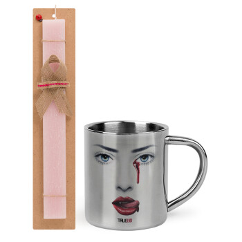 True blood, Easter Set, metallic thermal cup (300ml) & aromatic flat Easter candle (30cm) (PINK)