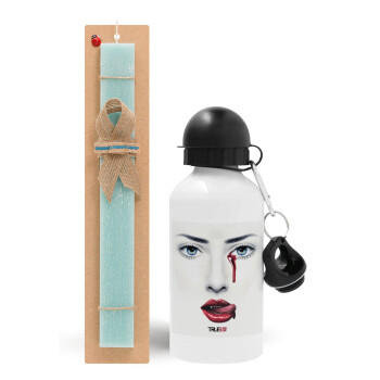 True blood, Easter Set, metallic aluminum water bottle (500ml) & scented flat candle (30cm) (TURQUOISE)