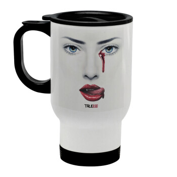 True blood, Stainless steel travel mug with lid, double wall white 450ml