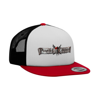 Pirates of the Caribbean, Adult Foam Flat Snapback with Mesh Red-White-Black (POLYESTER, ADULT, UNISEX, ONE SIZE)