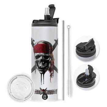 Pirates of the Caribbean, Travel Tumbler θερμό με διπλό καπάκι, μεταλλικό καλαμάκι και βούρτσα καθαρισμού (Ανωξείδωτο 304 Food grade, BPA free, 600ml)