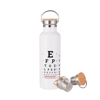 EYE test chart, Μεταλλικό παγούρι θερμός (Stainless steel) Λευκό με ξύλινο καπακι (bamboo), διπλού τοιχώματος, 750ml