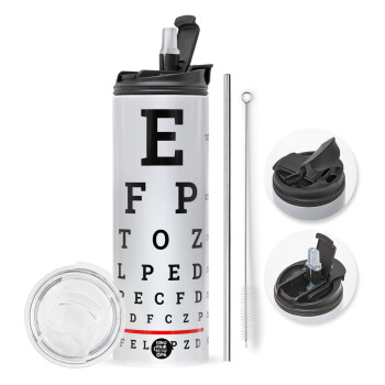 EYE test chart, Travel Tumbler θερμό με διπλό καπάκι, μεταλλικό καλαμάκι και βούρτσα καθαρισμού (Ανωξείδωτο 304 Food grade, BPA free, 600ml)