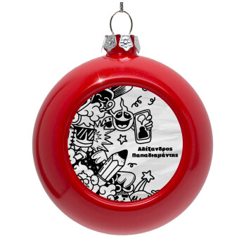 School Doodle, Red Christmas tree ornament bauble 8cm